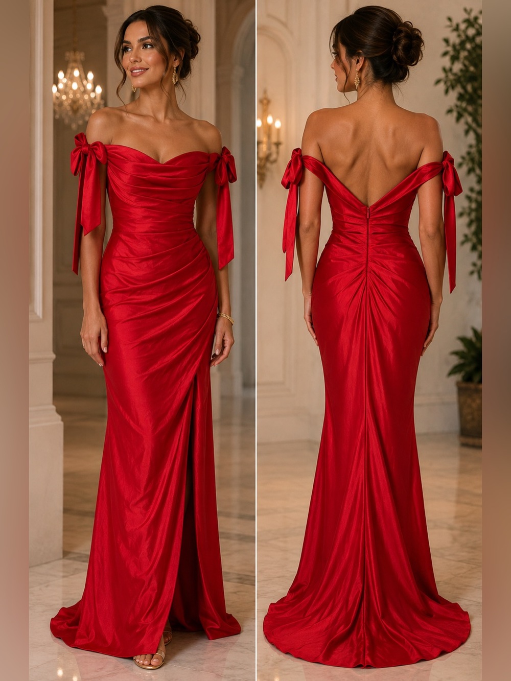 Cinderella Divine Red Satin Off Shoulder Ruched Bow Accent Mermaid Gown 6 NWOT